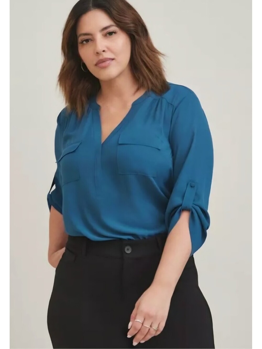 Torrid Harper Blouse Size 2 Teal Blue Roll Tab Sleeve V Neck Career Top